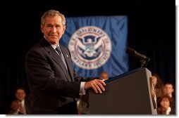 President George W. Bush addresses employees at the Department of Homeland Security in Washington, D.C., Wednesday, Oct. 1, 2003. "The danger to America gives all of you an essential role in the war on terror," said the President. "You've done fine work under difficult and urgent circumstances, and on behalf of a grateful nation, I thank you all for what you do for the security and safety of our fellow citizens."  White House photo by Tina Hager
