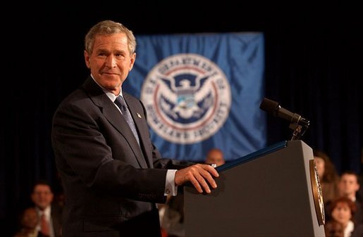 President George W. Bush addresses employees at the Department of Homeland Security in Washington, D.C., Wednesday, Oct. 1, 2003. "The danger to America gives all of you an essential role in the war on terror," said the President. "You've done fine work under difficult and urgent circumstances, and on behalf of a grateful nation, I thank you all for what you do for the security and safety of our fellow citizens." White House photo by Tina Hager.