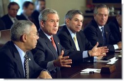 President George W. Bush discusses National Economic Security during a Cabinet Meeting, Tuesday, Oct. 7, 2003.  White House photo by Eric Draper