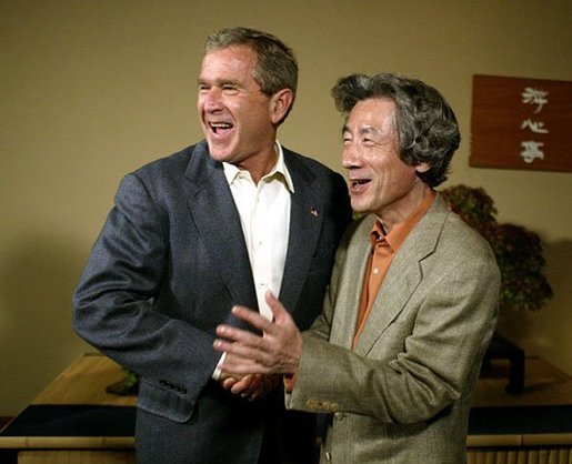 President George W. Bush and Japanese Prime Minister Junichiro Koizumi meet with the press after a dinner in Tokyo during the first stop of the President's trip to Asia and Australia Thursday, Oct. 16, 2003. White House photo by Paul Morse