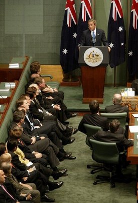President George W. Bush speaks to the Australian Parliament in Canberra, Australia, Oct. 23, 2003.  White House photo by Paul Morse