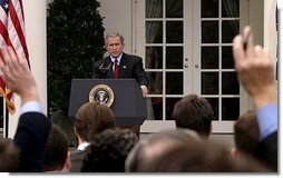President George W. Bush holds a press conference in the Rose Garden Tuesday, Oct. 28, 2003.  White House photo by Paul Morse