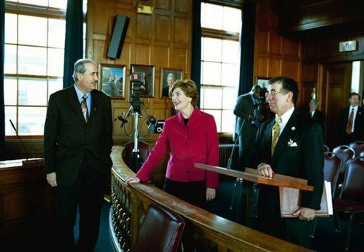 Laura Bush tours Portland City Hall with Mayor James Cloutier and Lee Urban, Director of Urban Planning and Development, in Portland, Maine, Nov. 10, 2003. White House photo by Susan Sterner