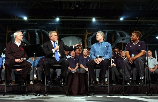 President George W. Bush discusses jobs and the economy with employers and employees at BMW Manufacturing Corporation in Greer, S.C., Monday, Nov. 10, 2003. White House photo by Tina Hager