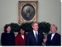 President George W. Bush introduces his judicial nominees Justice Priscilla Owen, left, Justice Janice Rogers Brown, center, and Judge Carolyn Kuhl in the Oval Office Thursday, Nov. 13, 2003.  White House photo by Eric Draper