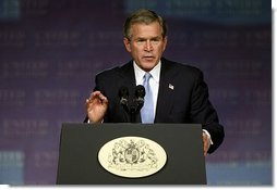President George W. Bush speaks about Iraq and the war on terror at The Banqueting House in London Wednesday, Nov. 19, 2003. "We did not charge hundreds of miles into the heart of Iraq and pay a bitter cost of casualties, and liberate 25 million people, only to retreat before a band of thugs and assassins," said the President. "We will help the Iraqi people establish a peaceful and democratic country in the heart of the Middle East. And by doing so, we will defend our people from danger."  White House photo by Paul Morse