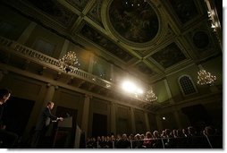 President George W. Bush speaks about America's relationship with Great Britain and the war on terror at The Banqueting House in London Wednesday, Nov. 19, 2003. "On September the 11th, 2001, terrorists left their mark of murder on my country, and took the lives of 67 British citizens," said the President. "With the passing of months and years, it is the natural human desire to resume a quiet life and to put that day behind us, as if waking from a dark dream. The hope that danger has passed is comforting, is understanding, and it is false."  White House photo by Eric Draper