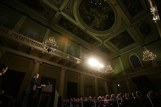 President George W. Bush speaks about America's relationship with Great Britain and the war on terror at The Banqueting House in London Wednesday, Nov. 19, 2003. "On September the 11th, 2001, terrorists left their mark of murder on my country, and took the lives of 67 British citizens," said the President. "With the passing of months and years, it is the natural human desire to resume a quiet life and to put that day behind us, as if waking from a dark dream. The hope that danger has passed is comforting, is understanding, and it is false." White House photo by Eric Draper.