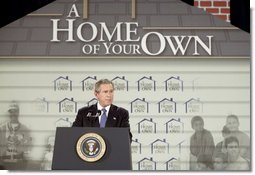 During the signing ceremony of S. 811, The American Dream Downpayment Act, President George W. Bush delivers remarks at the U.S. Department of Housing and Urban Development in Washington, D.C., Tuesday, Dec. 16, 2003. "One of the biggest hurdles to homeownership is getting money for a down payment," said President Bush. "This administration has recognized that, and so today I'm honored to be here to sign a law that will help many low-income buyers to overcome that hurdle, and to achieve an important part of the American Dream."  White House photo by Paul Morse