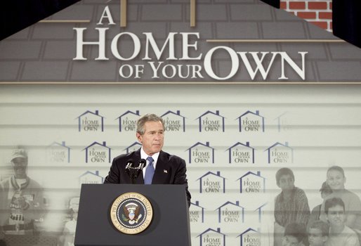 During the signing ceremony of S. 811, The American Dream Downpayment Act, President George W. Bush delivers remarks at the U.S. Department of Housing and Urban Development in Washington, D.C., Tuesday, Dec. 16, 2003. "One of the biggest hurdles to homeownership is getting money for a down payment," said President Bush. "This administration has recognized that, and so today I'm honored to be here to sign a law that will help many low-income buyers to overcome that hurdle, and to achieve an important part of the American Dream." White House photo by Paul Morse.