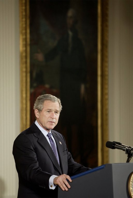 President George W. Bush discusses his immigration policy in the East Room Wednesday, Jan. 7, 2004. "We must make our immigration laws more rational, and more humane. And I believe we can do so without jeopardizing the livelihoods of American citizens," said President Bush. White House photo by Paul Morse.