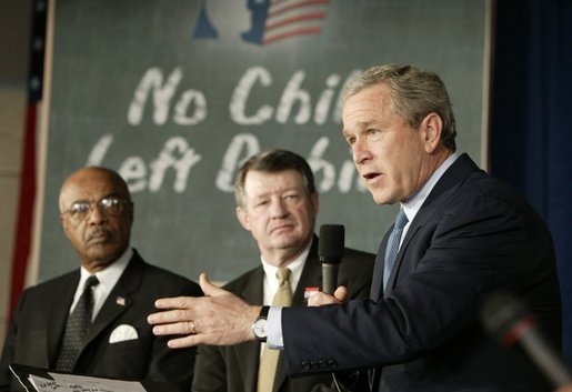 Celebrating the second anniversary of the No Child Left Behind Act, President George W. Bush visits West View Elementary School in Knoxville, Tenn., Jan. 8, 2004. The elementary school serves 237 students. In the past 2 years, the students have made significant improvements on reading and math test scores. White House photo by Paul Morse