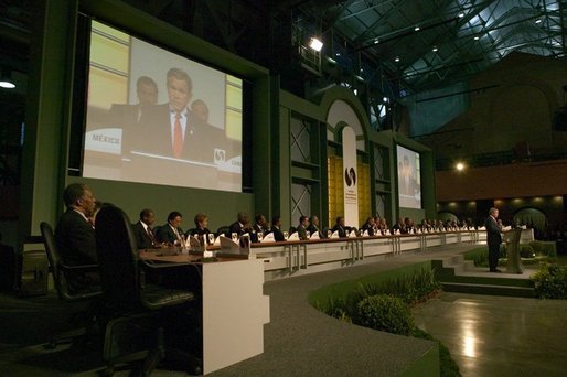 President George W. Bush addresses the participants of the Special Summit of the Americas during the inaugural ceremony in Monterrey, Mexico, Jan. 12, 2004. "My country is committed to free and fair trade for this hemisphere through the free trade area of the Americas and through the growing number of bilateral free trade agreements we have completed and are negotiating," said President Bush. White House photo by Eric Draper.