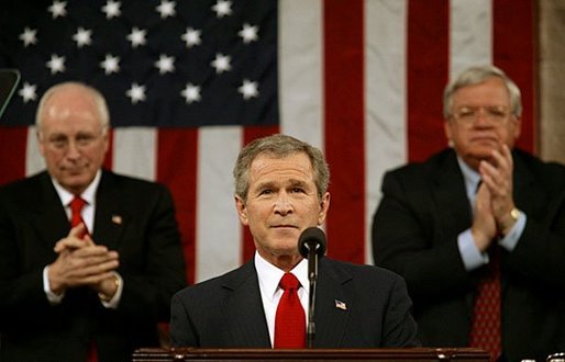  President George W. Bush delivers his State of the Union Address to the nation and a joint session of Congress in the House Chamber of the U.S. Capitol Tuesday, Jan. 20, 2004. "We have not come all this way – through tragedy, and trial, and war – only to falter and leave our work unfinished. Americans are rising to the tasks of history, and they expect the same of us," said President Bush in his remarks. White House photo by Eric Draper