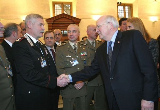 Photo.Vice President Dick Cheney thanks Italian military members who served in Afghanistan and Iraq after addressing Italian politicians and young professionals at the Palazzo Minerva in Rome, Italy Jan. 26, 2004. About 3,000 Italian troops and law enforcement officers were sent to Iraq to help rebuild the nation after the fall of Baghdad on April 9, 2003. White House photo by David Bohrer
