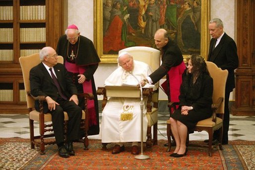 Vice President Dick Cheney and his wife, Lynne, meet His Holiness Pope John Paul II in the Vatican in Rome Jan. 27, 2004. The visit was part of a five-day trip through Switzerland and Italy for consultations with European allies on national security and economic matters. White House photo by David Bohrer