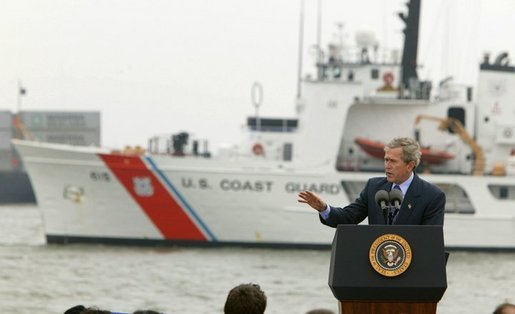 President George W. Bush discusses seaport and cargo security at the Port of Charleston, S.C., Feb. 5, 2004. White House photo by Paul Morse