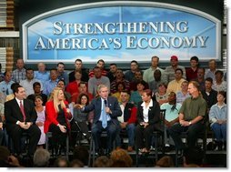 President George W. Bush leads the on stage discussion during a conversation on the economy with employees at Nu-Air Manufacturing Company in Tampa, Florida, Monday, Feb. 16, 2004.  White House photo by Eric Draper