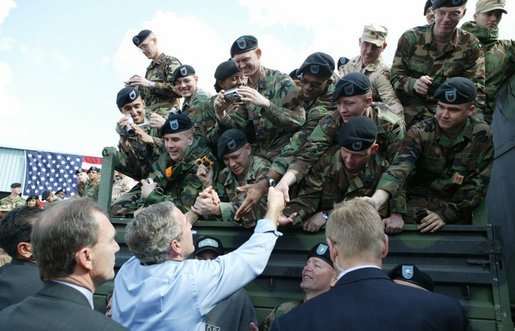 President George W. Bush greets soldiers after giving remarks to military personnel Fort Polk, La., Tuesday, Feb. 17, 2004. White House photo by Paul Morse.