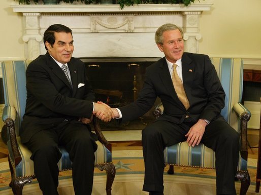 President George W. Bush meets with Tunisian President Zine Al-Abidine Ben Ali in the Oval Office Wednesday, February 18, 2004. White House photo by Paul Morse.