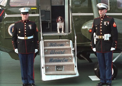 Spot arrives at Camp David with the President aboard Marine One, Dec. 26, 2001. White House photo by Eric Draper.