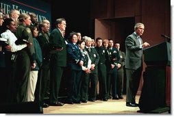 Marking its one-year anniversary, President George W. Bush discusses the accomplishments of the U.S. Department of Homeland Security at the Ronald Reagan Building and International Trade Center in Washington, D.C., Tuesday, March 2, 2004.  White House photo by Paul Morse