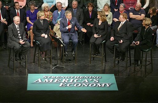 President George W. Bush leads a discussion on strengthening the economy and job training at Marshall Community & Technical College in Huntington, W.Va., Friday, April 2, 2004. Seated with President Bush are, from left: Huntington Career One Stop representative Rocky McCoy, MCTC CEO and Provost Dr. Vicki Riley, MCTC student Rina Angus, MCTC graduate Bryan Johnson, and small business owner Sally Oxley. White House photo by Eric Draper