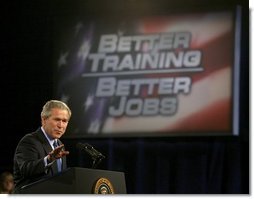 President George W. Bush delivers remarks on job training and the economy at Central Piedmont Community College in Charlotte, N.C., Monday, April 5, 2004.  White House photo by Eric Draper