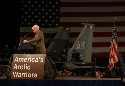 Vice President Dick Cheney speaks to a crowd of nearly 2,000 troops and their families at Elmendorf Air Force Base in Anchorage, Alaska during a rally Friday afternoon, March 9, 2004. This was the first stop on the vice president's trip that will stop in Japan, China, and South Korea over the next week. White House photo by David Bohrer