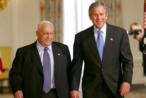 President George W. Bush and Israeli Prime Minister Ariel Sharon prior to talking with the press in the Cross Hall of the White House on April 14, 2004. White House photo by Paul Morse.