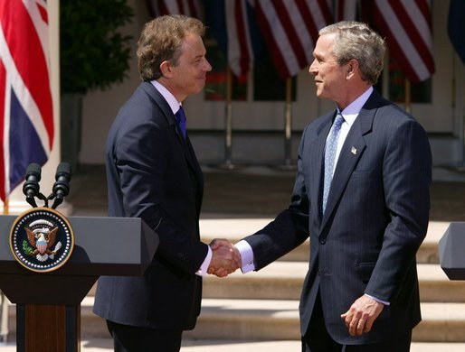 President George W. Bush and Prime Minister Tony Blair shake hands after a press conference in the Rose Garden of the White House on April 16, 2004. White House photo by Paul Morse.