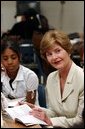 Laura Bush reads Mrs. Frisby and the Rats of Nimh with middle school students during Mrs. Hatty Drew’s reading lab at the Snowden School in Memphis, Tenn. Friday, April 23, 2004. White House photo by Tina Hager