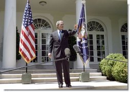 President George W. Bush addresses the press in the Rose Garden Thursday April 29, 2004.  White House photo by David Bohrer
