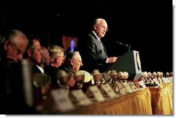 Vice President Dick Cheney delivers remarks at the 16th Annual National Fire and Emergency Services Dinner at the Washington Hilton in Washington, D.C., Wednesday, May 5, 2004. “We must support our nation's firefighters and emergency personnel, because the demands of your job are greater than ever. You are prepared, after all, for the millions of calls that must be answered every year. And in this period of testing for America, every firefighter knows that the next alarm could be a terrorist attack. You have always been essential to the security of our communities, and now you are essential to the defense of our homeland.” said the Vice President in his remarks.  White House photo by David Bohrer