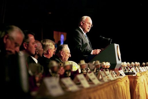 Vice President Dick Cheney delivers remarks at the 16th Annual National Fire and Emergency Services Dinner at the Washington Hilton in Washington, D.C., Wednesday, May 5, 2004. “We must support our nation's firefighters and emergency personnel, because the demands of your job are greater than ever. You are prepared, after all, for the millions of calls that must be answered every year. And in this period of testing for America, every firefighter knows that the next alarm could be a terrorist attack. You have always been essential to the security of our communities, and now you are essential to the defense of our homeland.” said the Vice President in his remarks. White House photo by David Bohrer