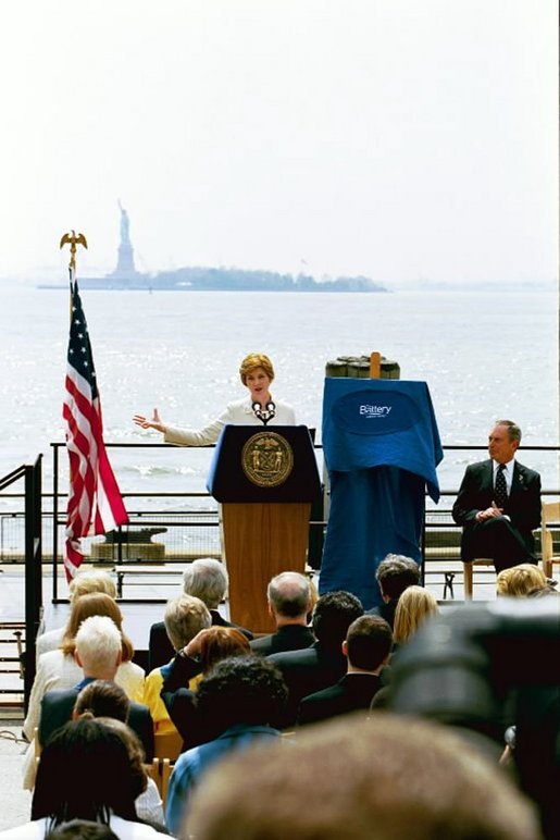 Mrs Bush delivers remarks at Battery Park in New York City May 10, 2004. White House photo by Tina Hager