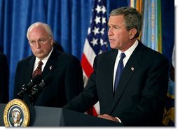 President George W. Bush addresses the press after meeting with his national security team at the Pentagon in Arlington, Va., Monday, May 10, 2004.  White House photo by Paul Morse