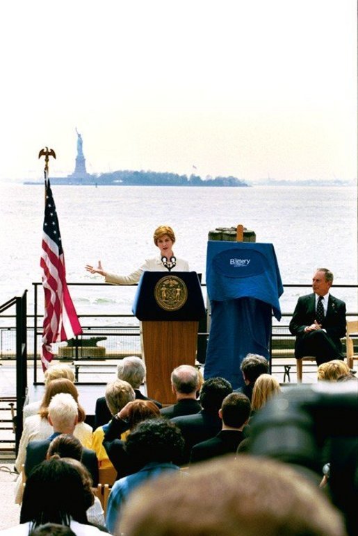 Highlighting the First Lady's Preserve America initiative, Laura Bush and New York City Mayor Michael Bloomberg announce the re-opening of the Statue of Liberty during a ceremony in New York's Battery Park Monday, May 10, 2004. The statue has been closed since the September 11th terrorist attacks. White House photo by Tina Hager