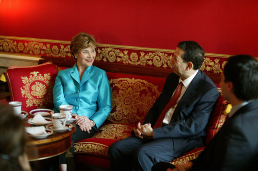 Laura Bush, Honorary Ambassador for the Decade of Literacy, meets with UNESCO’s Assistant Director General for Culture Mounir Bouchenaki in the Red Room of the White House Wednesday, May 12, 2004. White House photo by Tina Hager