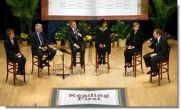 President George W. Bush participates in a conversation on Reading First and the No Child Left Behind Act at the National Institutes of Health in Bethesda, Maryland on May 12, 2004.  White House photo by Paul Morse