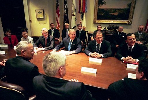 President George W. Bush meets with G-8 foreign ministers in the Roosevelt Room Friday, May 14, 2004. They are, from left: Yoriko Kawaguchi of Japan, Michel Barnier of France, Sergey Viktorovich Lavrov of Russia and Franco Frattini of Italy. President Bush will host the 30th G-8 Summit in Sea Island, Ga., June 8-10, 2004. White House photo by Eric Draper.