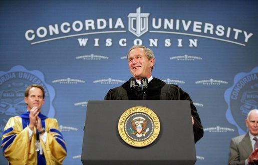 President George W. Bush is greeted with cheers as he begins his address at the commencement ceremonies for Concordia University near Milwaukee, Wis., Friday, May 14, 2004. White House photo by Paul Morse.