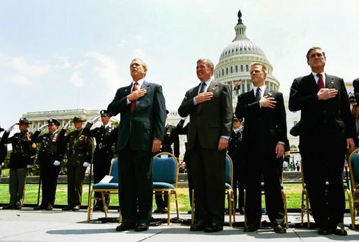 President George W. Bush attends the Annual Peace Officers' Memorial Service at the U.S. Capitol in Washington, D.C., Saturday, May 15, 2004. "Every year on this day, we pause to remember the sacrifice and faithful services of officers lost in the line of duty throughout our nation's history," said the President. White House photo by Paul Morse