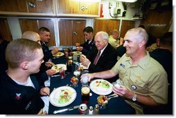 After delivering the commencement address at the U.S. Coast Guard Academy, Vice President Dick Cheney has lunch with sailors aboard the attack submarine USS Virginia Wednesday, May 19, 2004. The Vice President visited the Groton, Conn., boat yard to thank enlisted sailors and officers for their service, and to receive a briefing on the ship’s capabilities.  White House photo by David Bohrer