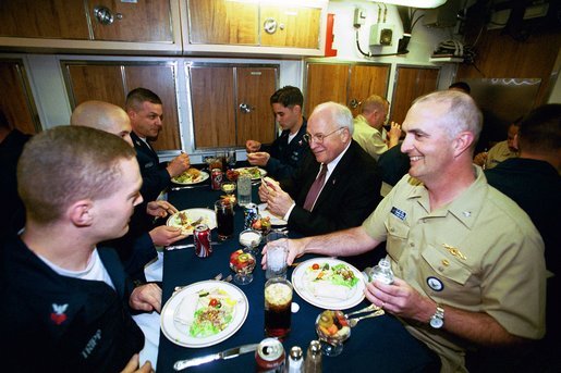 After delivering the commencement address at the U.S. Coast Guard Academy, Vice President Dick Cheney has lunch with sailors aboard the attack submarine USS Virginia Wednesday, May 19, 2004. The Vice President visited the Groton, Conn., boat yard to thank enlisted sailors and officers for their service, and to receive a briefing on the ship’s capabilities. White House photo by David Bohrer.