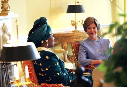 Laura Bush meets with Edith Lucie Bongo Ondimba, First Lady of Gabon in the Yellow Oval Room Wednesday, May 26, 2004. White House photo by Tina Hager.
