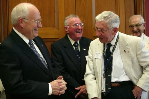 Vice President Dick Cheney meets with USS Bashaw Plankowners (left to right) John Grohowski, Ellis Howard and Sam Chiarelli on Capitol Hill Friday, May 28, 2004. The Plankowners are in Washington, D.C. to attend World War II commemoration activities. White House photo by Joyce Naltchayan.