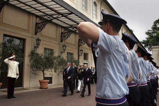 President George W. Bush arrives at the Quirinale Palace in Rome, Italy prior to his meeting with the President Carlo Ciampi of Italy, Friday, June 4, 2004. White House photo by Paul Morse