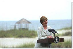 Laura Bush delivers remarks at a Media Availability following the G8 Spouses Luncheon Roundtable, in Sea Island Georgia, June 9, 2004.  White House photo by Tina Hager
