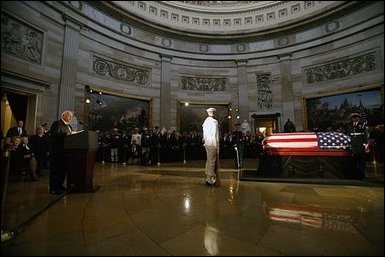 Vice President Dick Cheney delivers the eulogy for former President Ronald Reagan during the State Funeral Ceremony in the Rotunda of the U.S. Capitol Wednesday, June 9, 2004. White House photo by David Bohrer. White House photo by David Bohrer